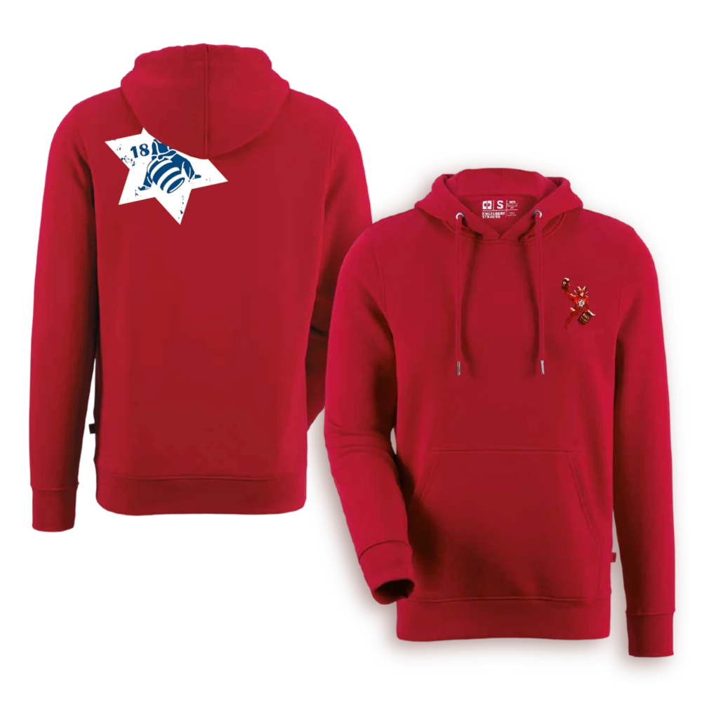 Roter Bocknacht Hoodie, Rückseite mit Karlsberg-Stern und Vorderseite mit dem Bock auf der Brust